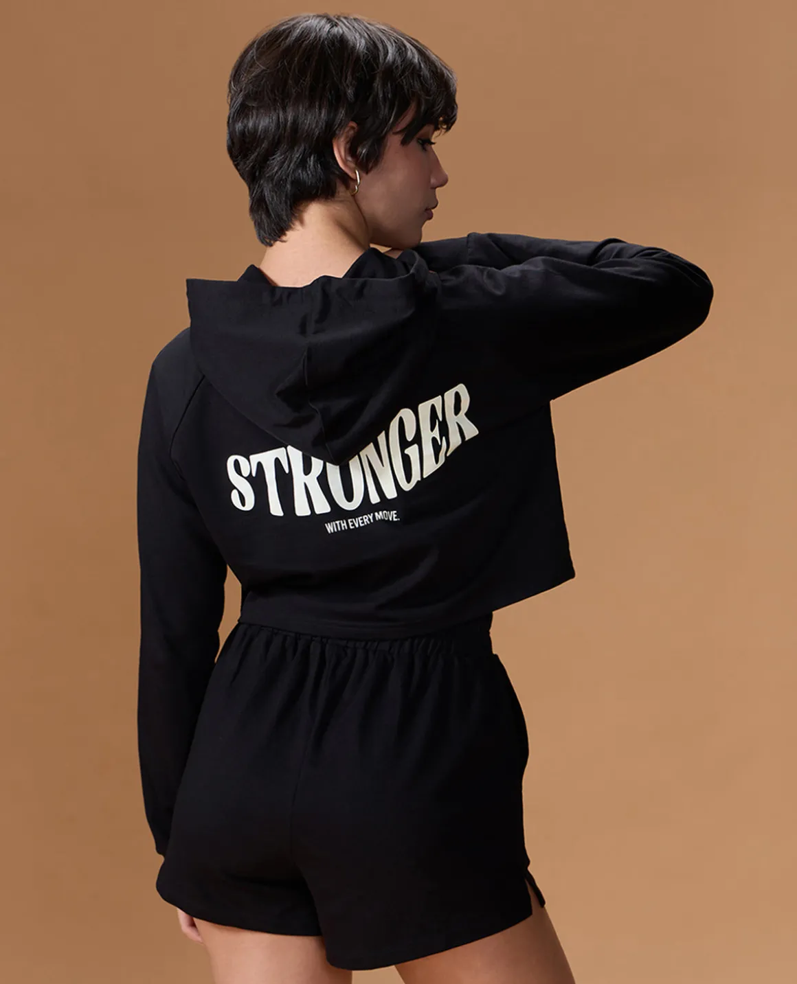 Cropped Cotton Terry Hoodie and Mid Rise Shorts Black