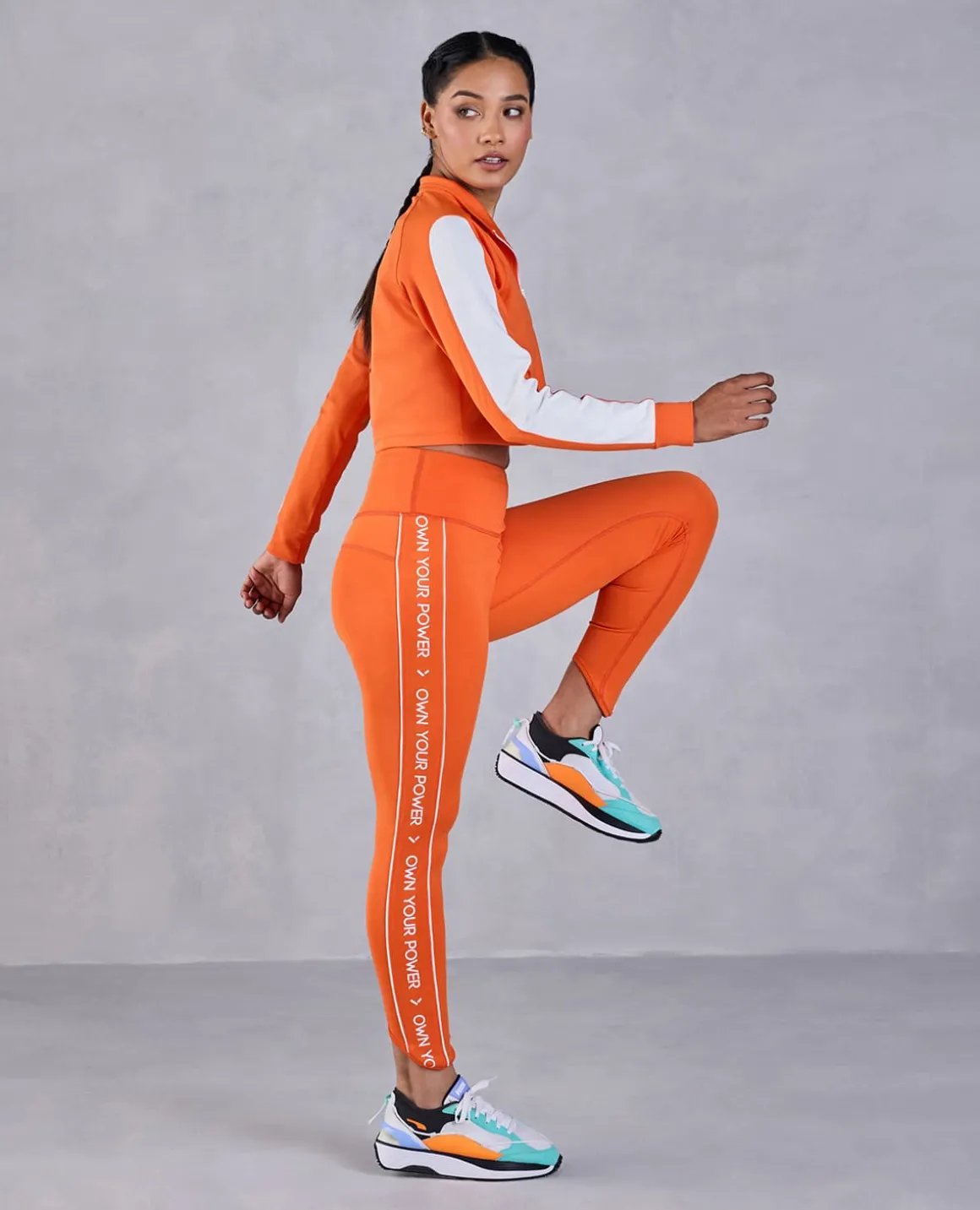 Full Sleeve Running Top & High Waisted Leggings In Second Skin Fabric Orange