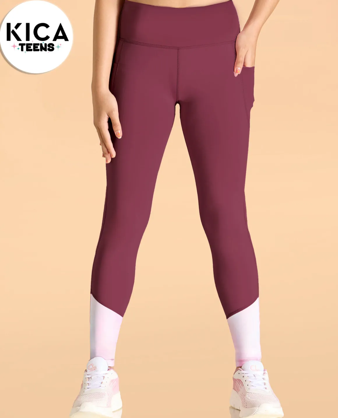 High Waisted Colourblock Stretchable Leggings For Girls