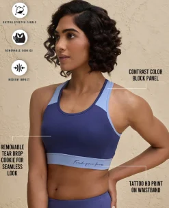 Nykd By Nykaa Essential Breathable Cotton Slip On Color Block Sports Bra -NYK904-Blue