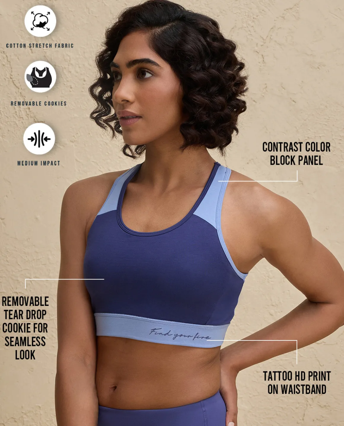 Nykd By Nykaa Essential Breathable Cotton Slip On Color Block Sports Bra -NYK904-Blue