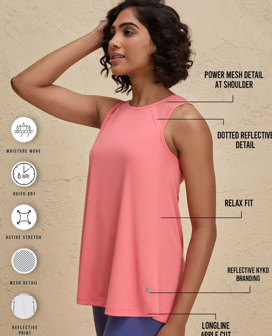 Nykd By Nykaa Quick Dry Longline Workout Tank Top -NYK032-Orange