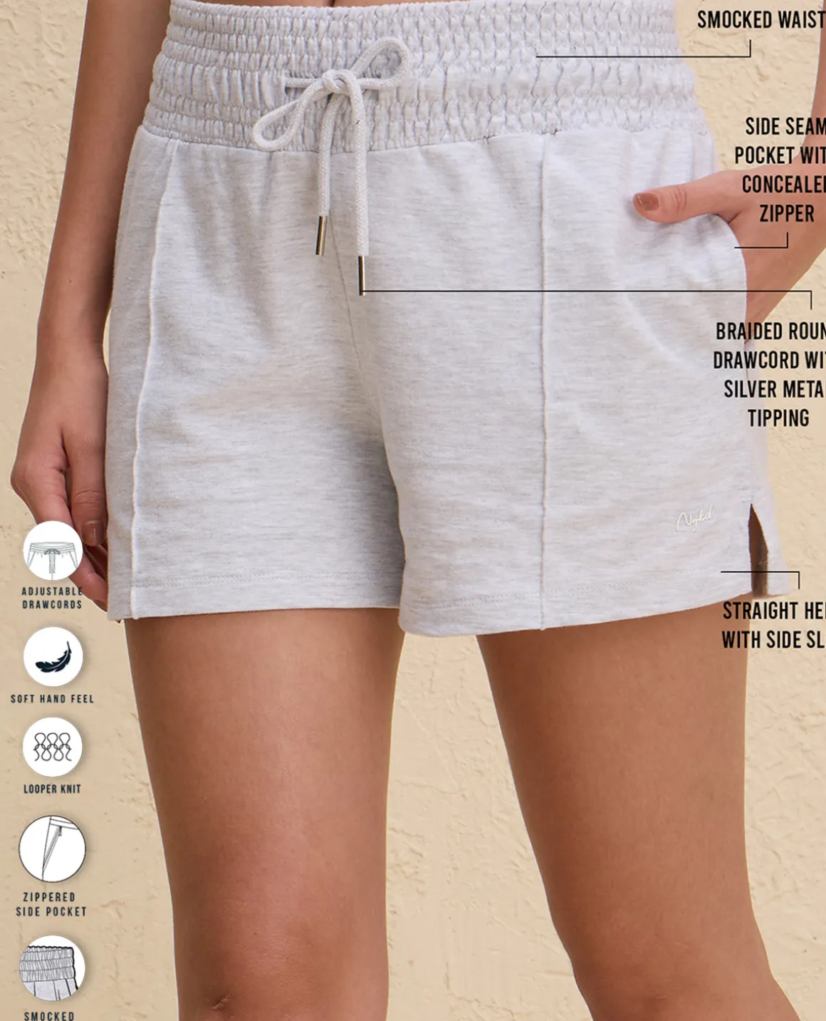 Nykd By Nykaa Summer Essential Smocked Waist Lounge Cotton Terry Shorts -NYLE603-Grey Melange