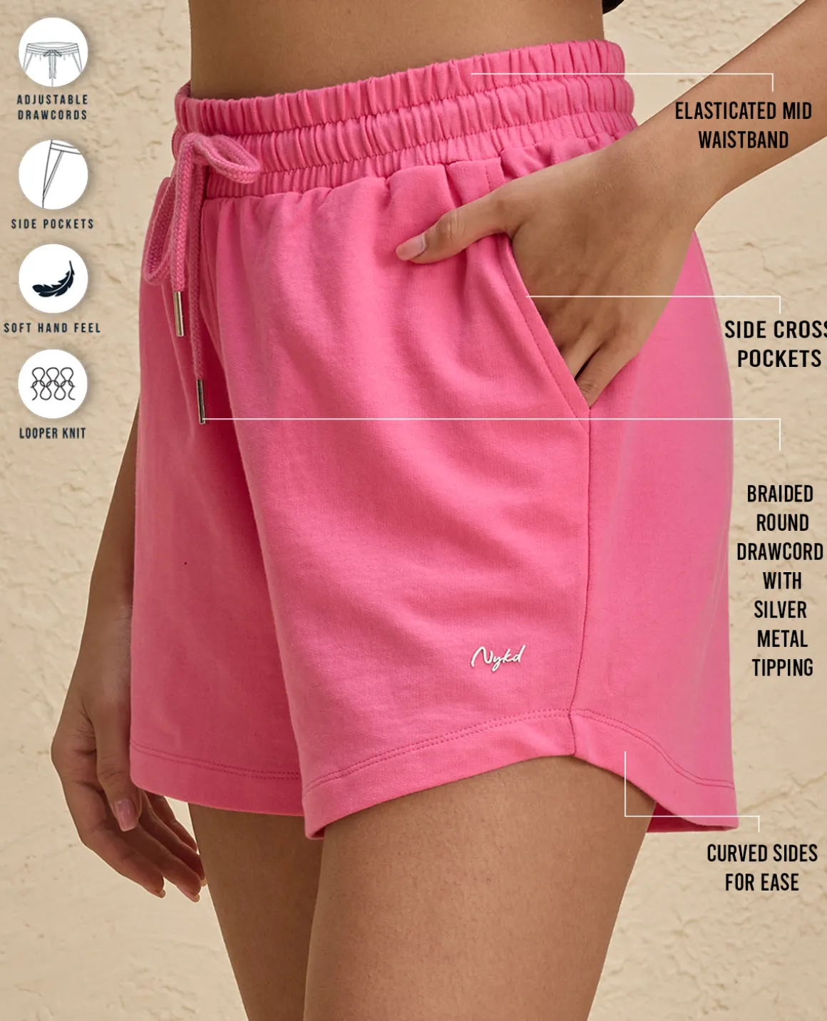 Nykd By Nykaa Summer Essential Peppy All Day Comfort Cotton Terry Shorts -NYAT504-Pink