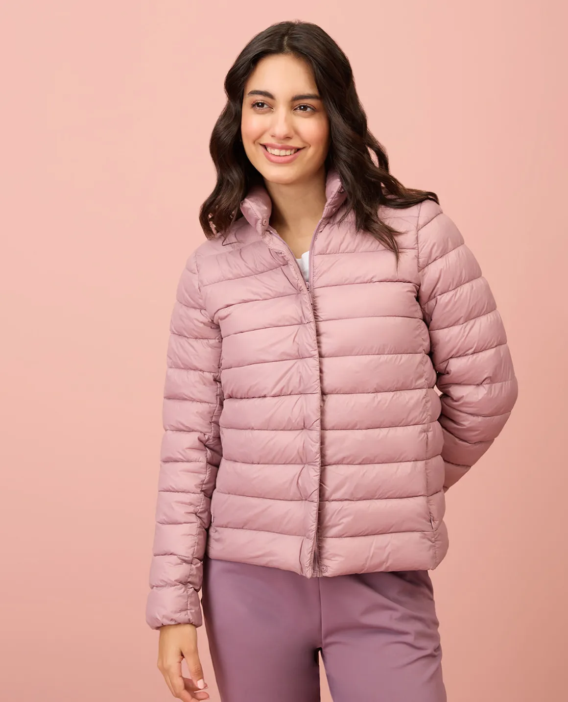 NYKD By Nykaa Ultra Light Weight Puffer Jacket with Inbuilt Bag (Set of 2)-NYAT405-Blush