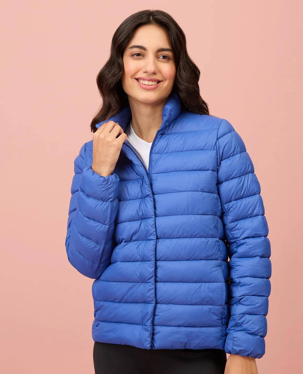 NYKD By Nykaa Ultra Light Weight Puffer Jacket with Inbuilt Bag (Set of 2)-NYAT405-Blue