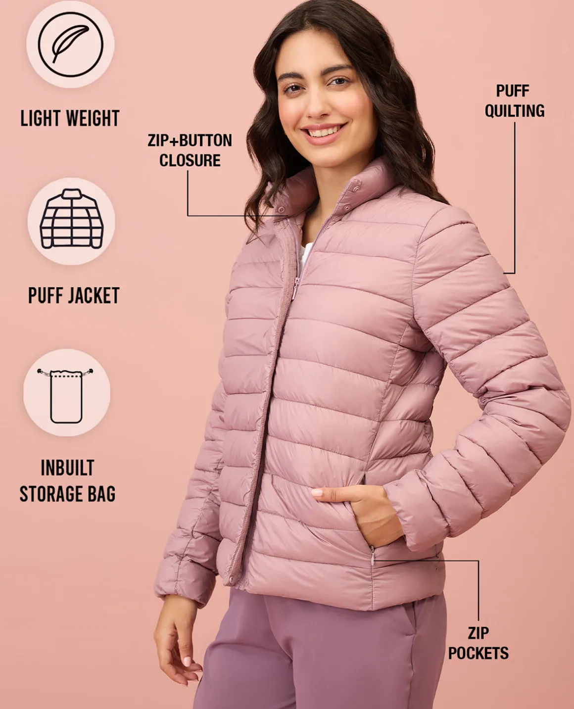 NYKD By Nykaa Ultra Light Weight Puffer Jacket with Inbuilt Bag (Set of 2)-NYAT405-Blush