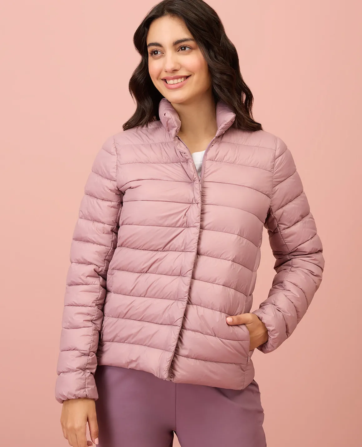 NYKD By Nykaa Ultra Light Weight Puffer Jacket with Inbuilt Bag (Set of 2)-NYAT405-Blush