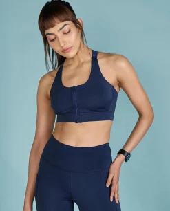 Women Mid Impact Zip Sports Bra with Removable Pads